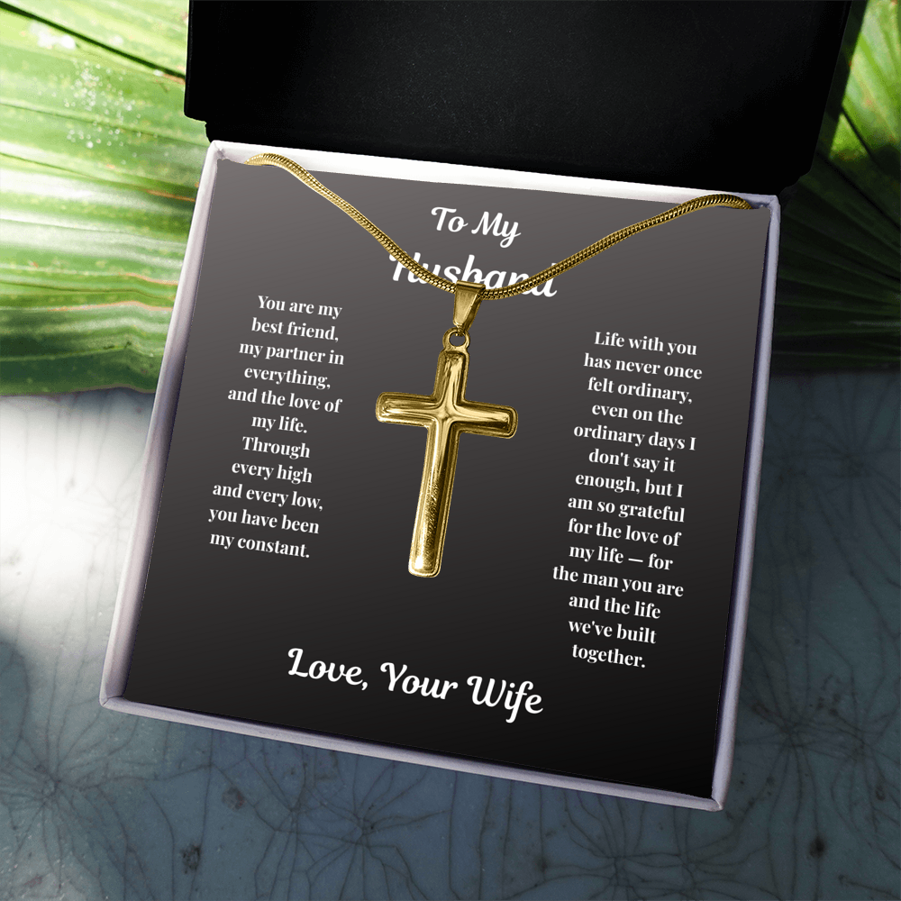 Gold-finish Cross Necklace and husband message card in standard gift box