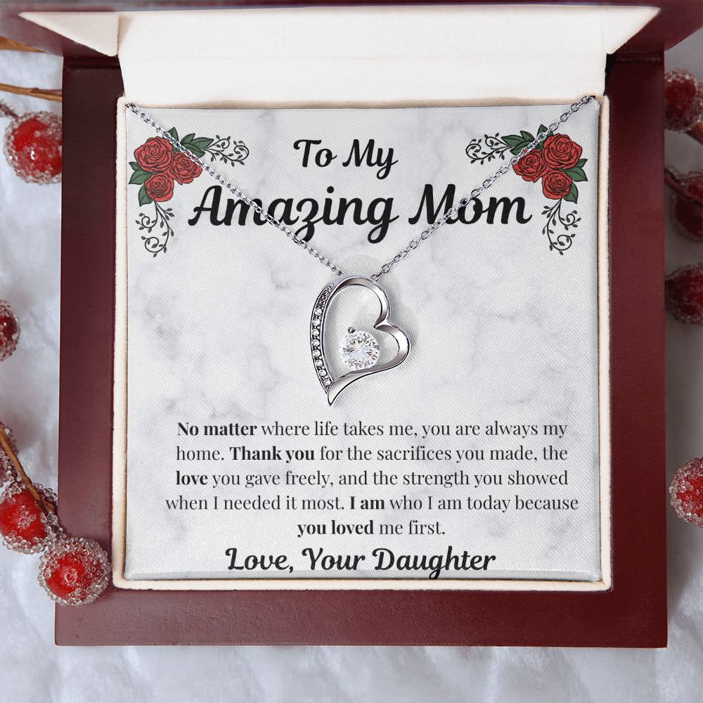 14k white gold-finish Forever Love Necklace in mahogany gift box with red berries