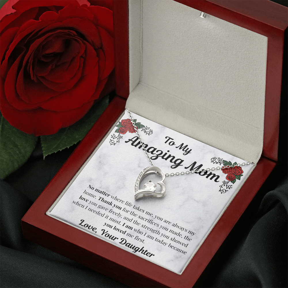 14k white gold-finish Forever Love Necklace in mahogany gift box beside red rose