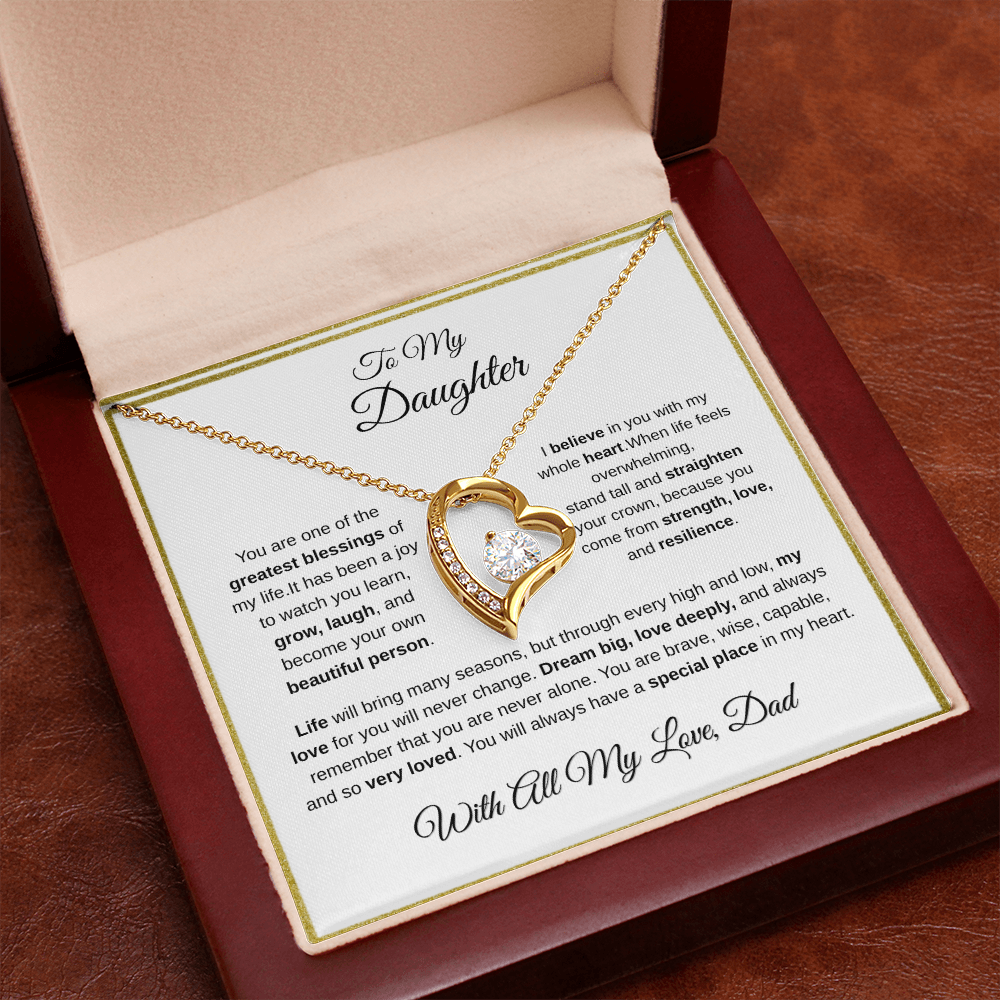 18k yellow gold-finish Forever Love Necklace in open mahogany gift box
