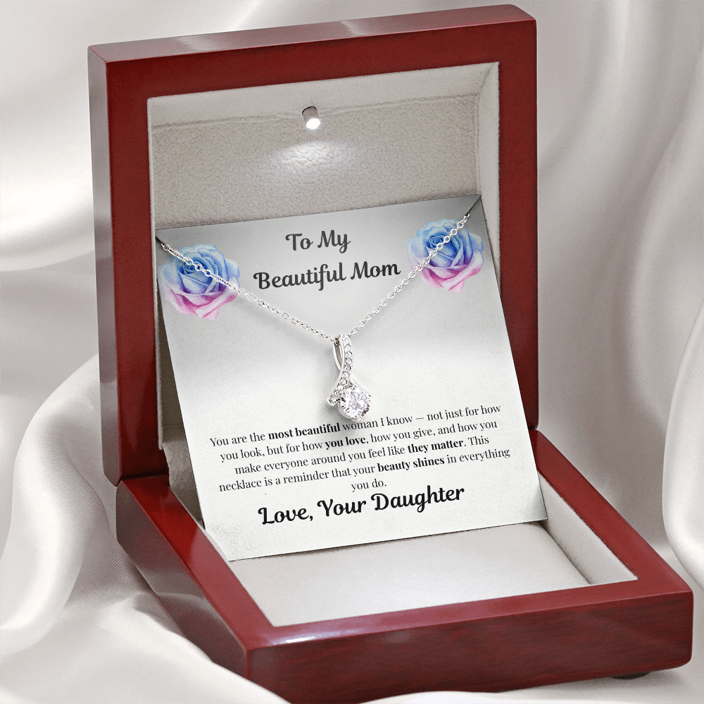 14k white gold-finish Alluring Beauty Necklace in illuminated mahogany gift box on white fabric