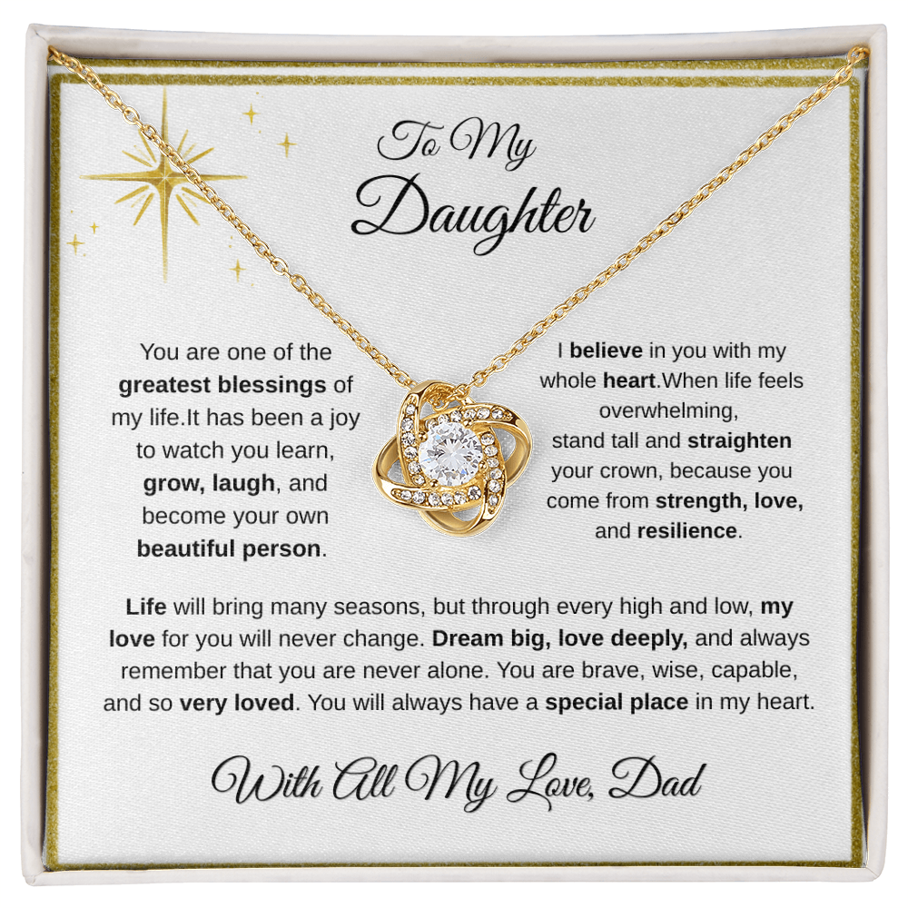 18K yellow gold-finish Love Knot Necklace on To My Daughter message card from Dad