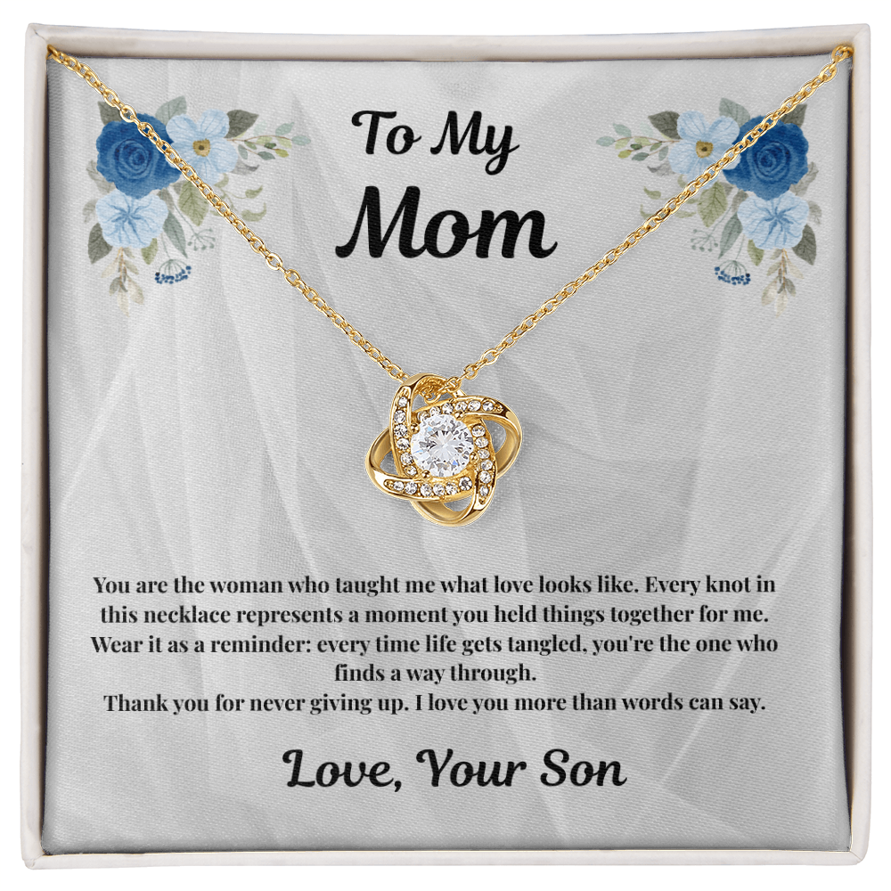18K yellow gold-finish Love Knot Necklace on To My Mom message card