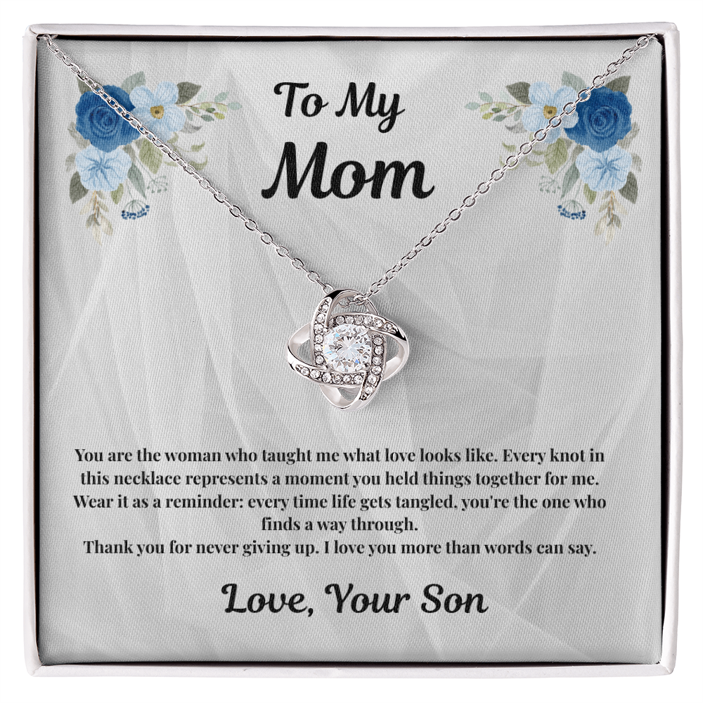 14K white gold-finish Love Knot Necklace on To My Mom message card
