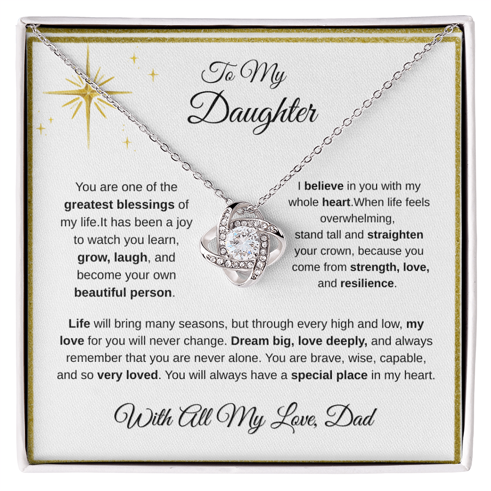 14K white gold-finish Love Knot Necklace on To My Daughter message card from Dad