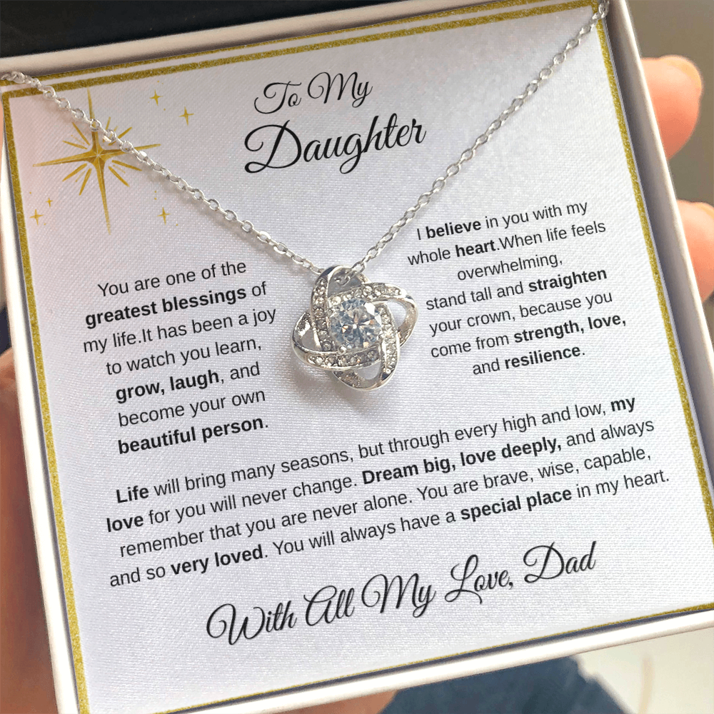 Close-up of 14K white gold-finish Love Knot Necklace on To My Daughter message card