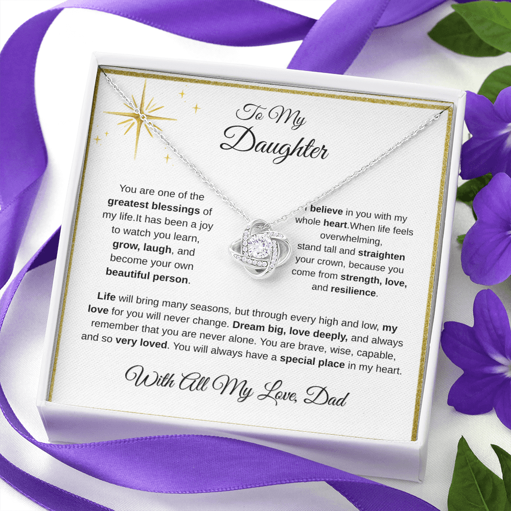14K white gold-finish Love Knot Necklace in standard gift box with purple ribbon and flowers