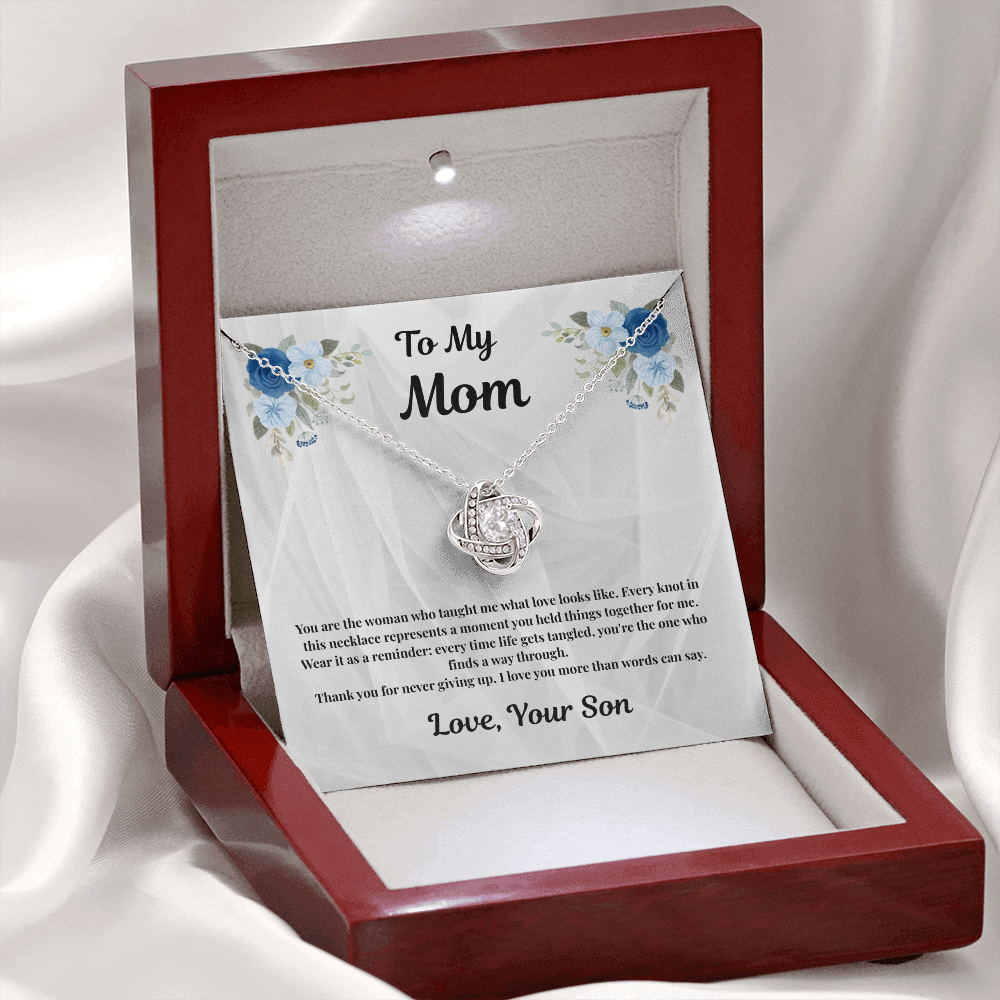 14K white gold-finish Love Knot Necklace in illuminated mahogany gift box