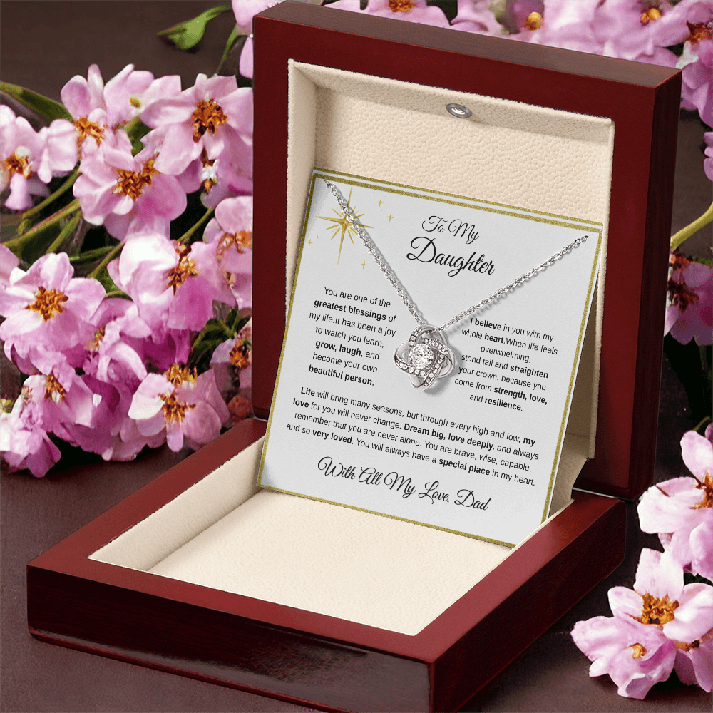 14K white gold-finish Love Knot Necklace in illuminated mahogany gift box with pink flowers