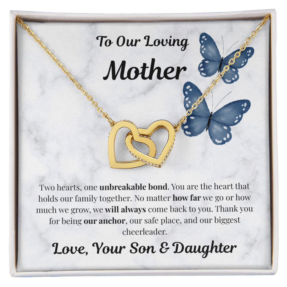 18K yellow gold-finish Interlocking Hearts Necklace on To Our Loving Mother message card
