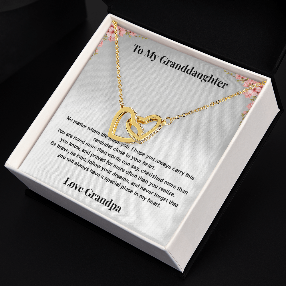 18k yellow gold-finish Interlocking Hearts Necklace in standard gift box with To My Granddaughter message card from Grandpa