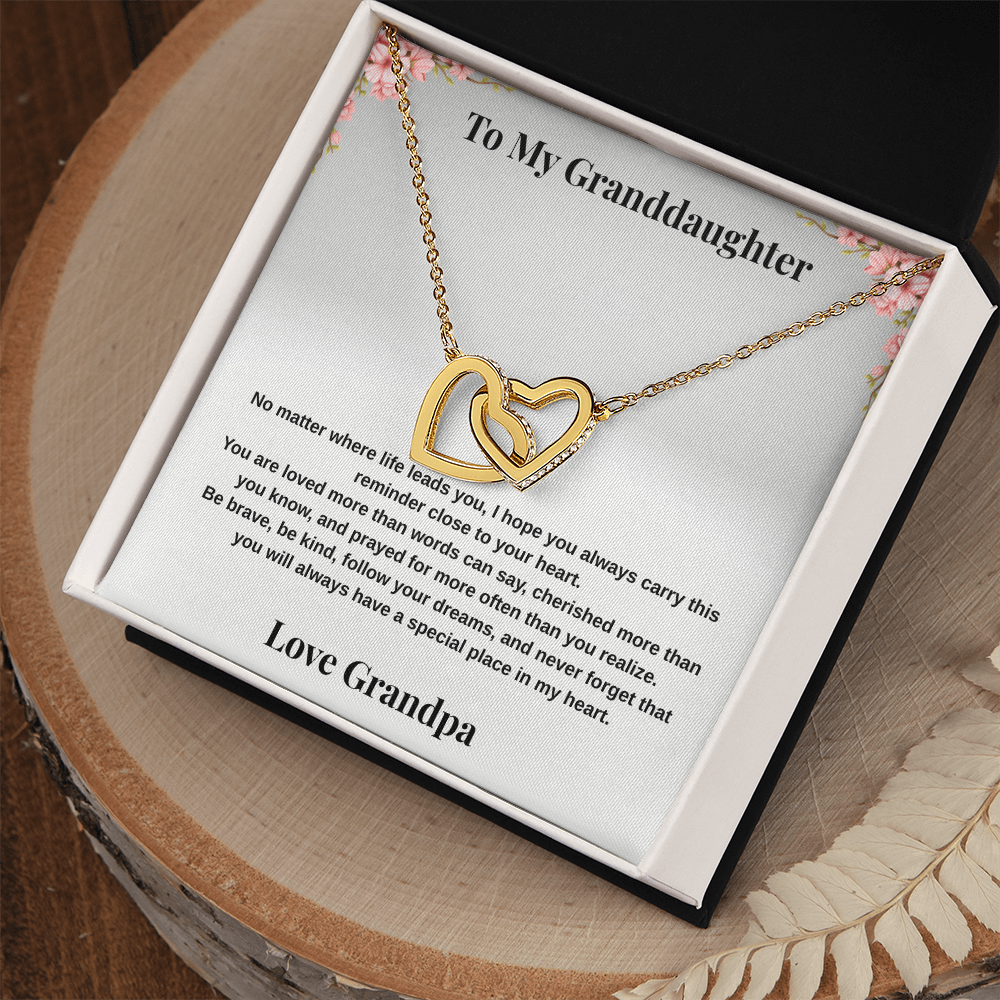 18k yellow gold-finish Interlocking Hearts Necklace on To My Granddaughter message card from Grandpa in standard gift box