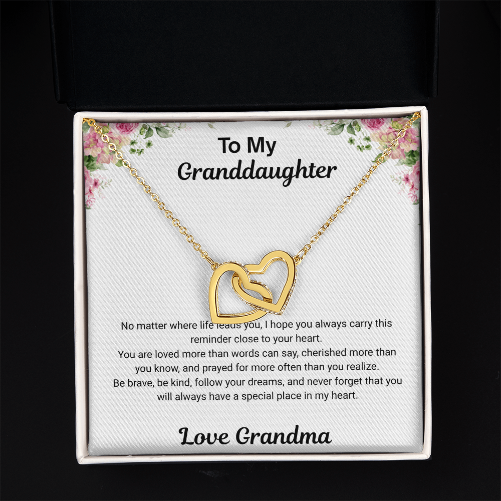 18k yellow gold-finish Interlocking Hearts Necklace in standard gift box with To My Granddaughter message card from Grandma