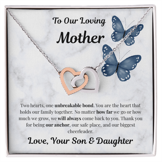 14k white gold-finish Interlocking Hearts Necklace on To Our Loving Mother message card