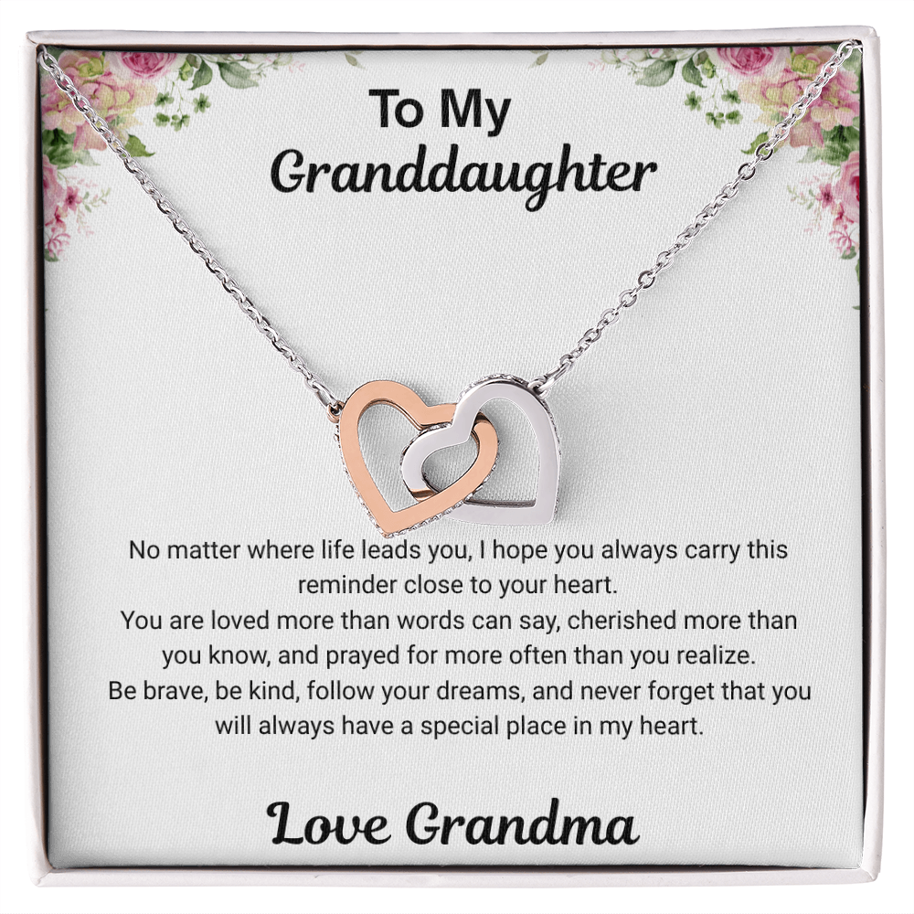 14k white gold-finish Interlocking Hearts Necklace on To My Granddaughter message card from Grandma
