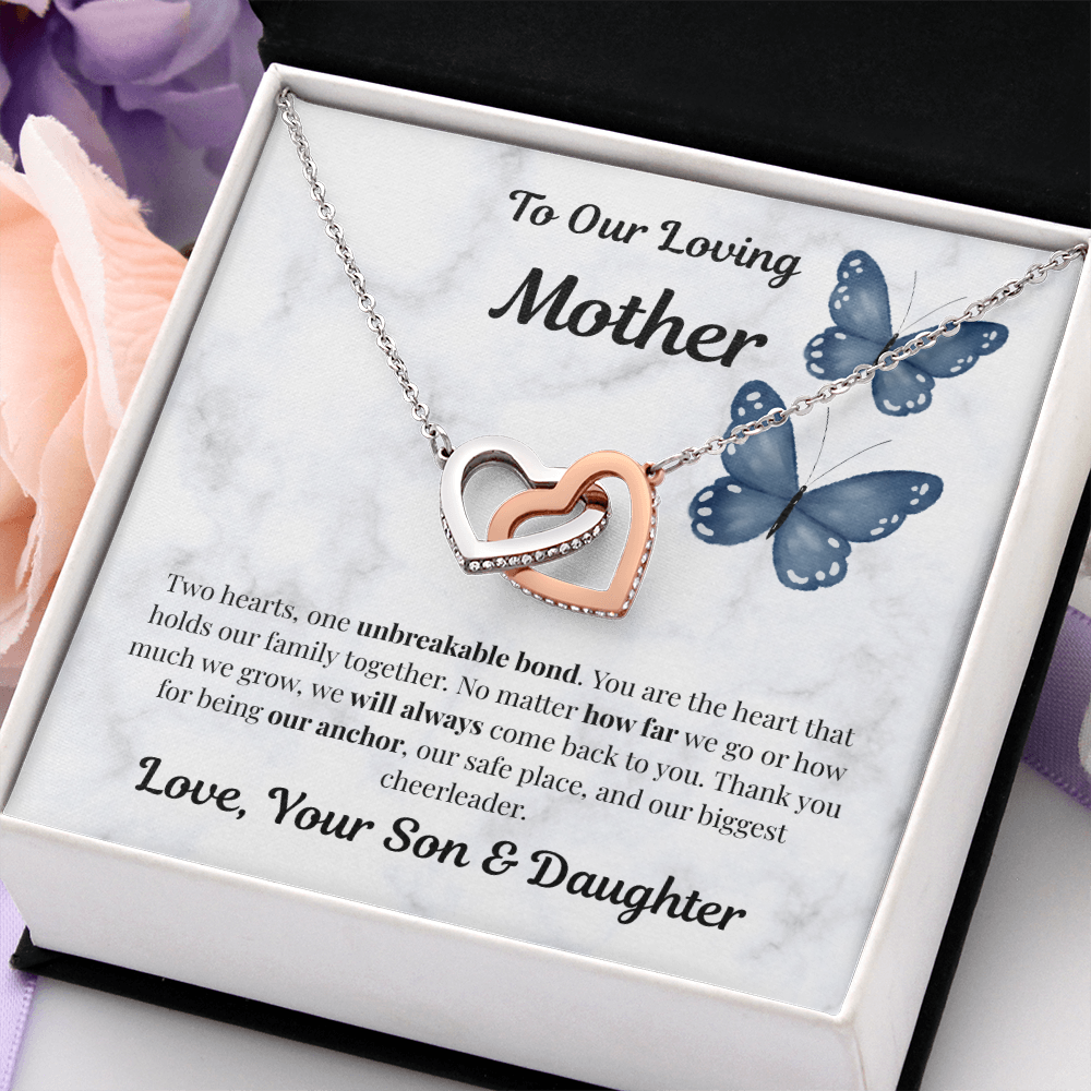 14k white gold-finish Interlocking Hearts Necklace in standard gift box with pastel flowers