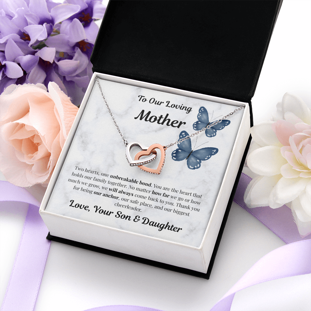 14k white gold-finish Interlocking Hearts Necklace in standard gift box with flowers and ribbon