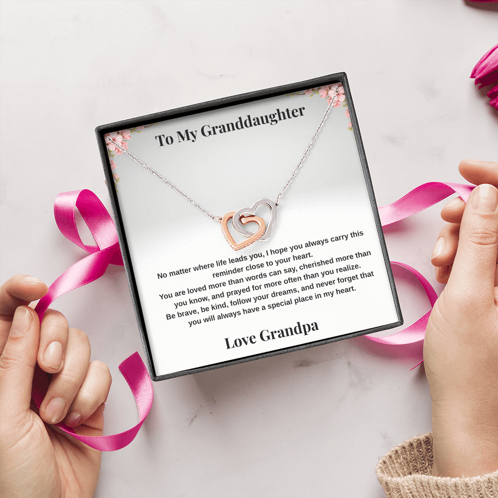 14k white gold-finish Interlocking Hearts Necklace on To My Granddaughter message card from Grandpa with pink ribbon