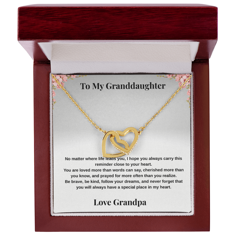 14k white gold-finish Interlocking Hearts Necklace in mahogany-style luxury gift box on white background