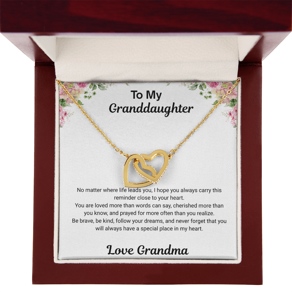 18k yellow gold-finish Interlocking Hearts Necklace in open mahogany-style luxury box with To My Granddaughter message card from Grandma