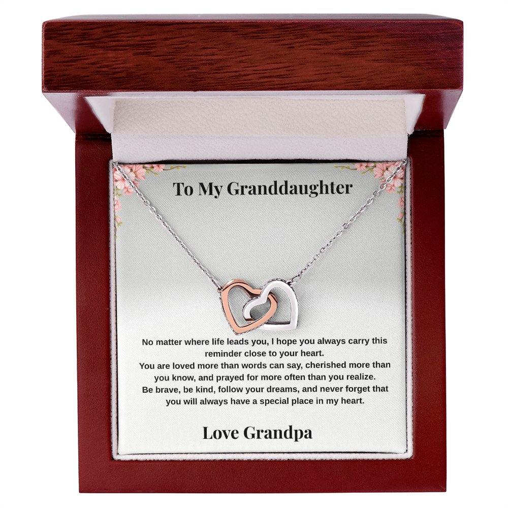 14k white gold-finish Interlocking Hearts Necklace on To My Granddaughter message card from Grandpa in mahogany-style luxury box