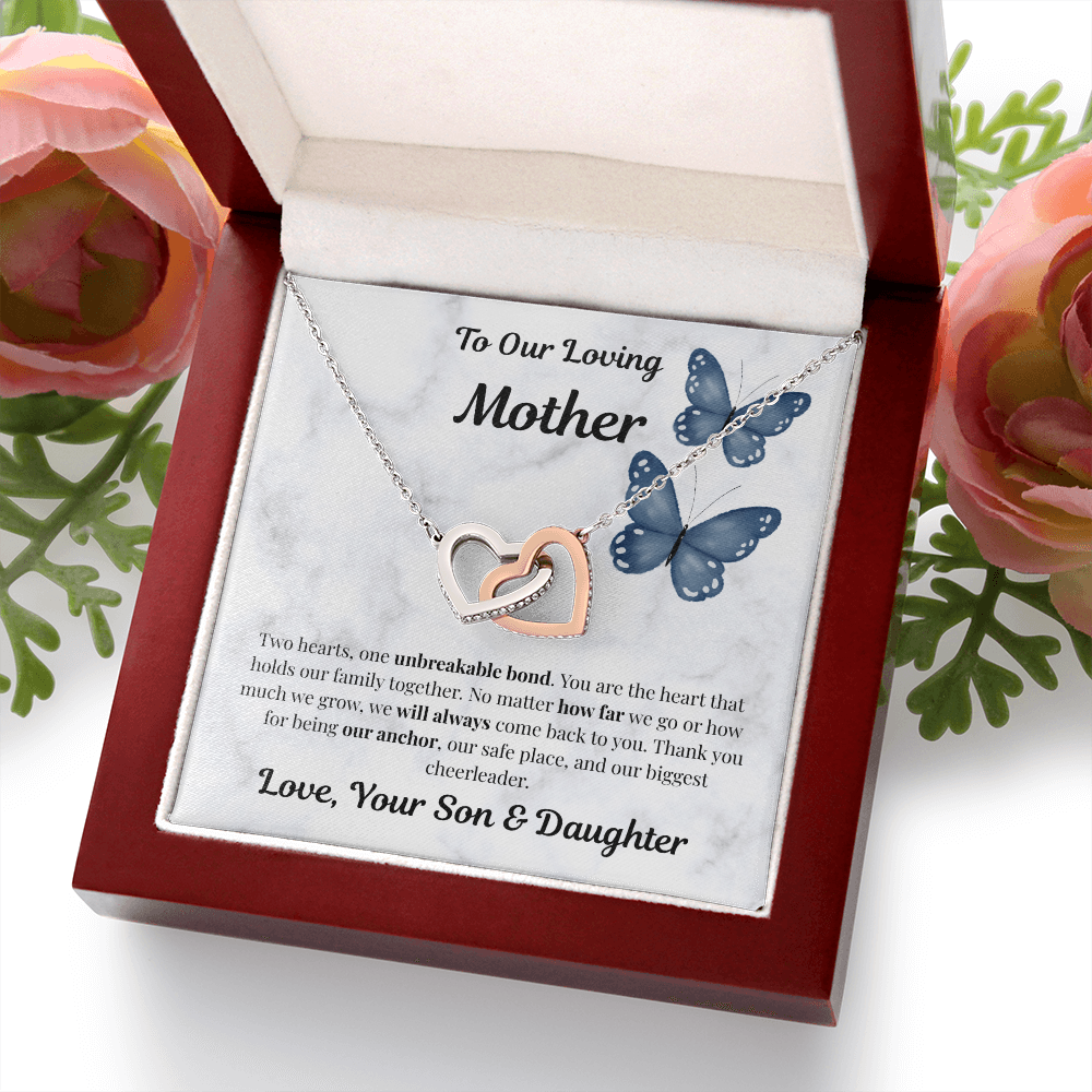 14k white gold-finish Interlocking Hearts Necklace in mahogany gift box with pink flowers