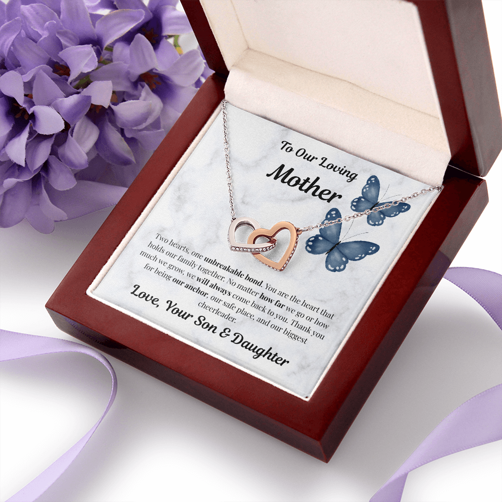 14k white gold-finish Interlocking Hearts Necklace in mahogany gift box with purple flowers