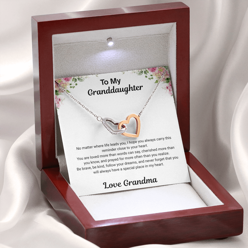 14k white gold-finish Interlocking Hearts Necklace in open mahogany-style luxury box with LED and To My Granddaughter message card from Grandma
