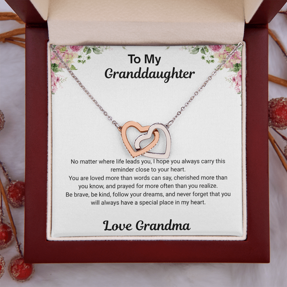 14k white gold-finish Interlocking Hearts Necklace in open mahogany-style luxury box with To My Granddaughter message card from Grandma