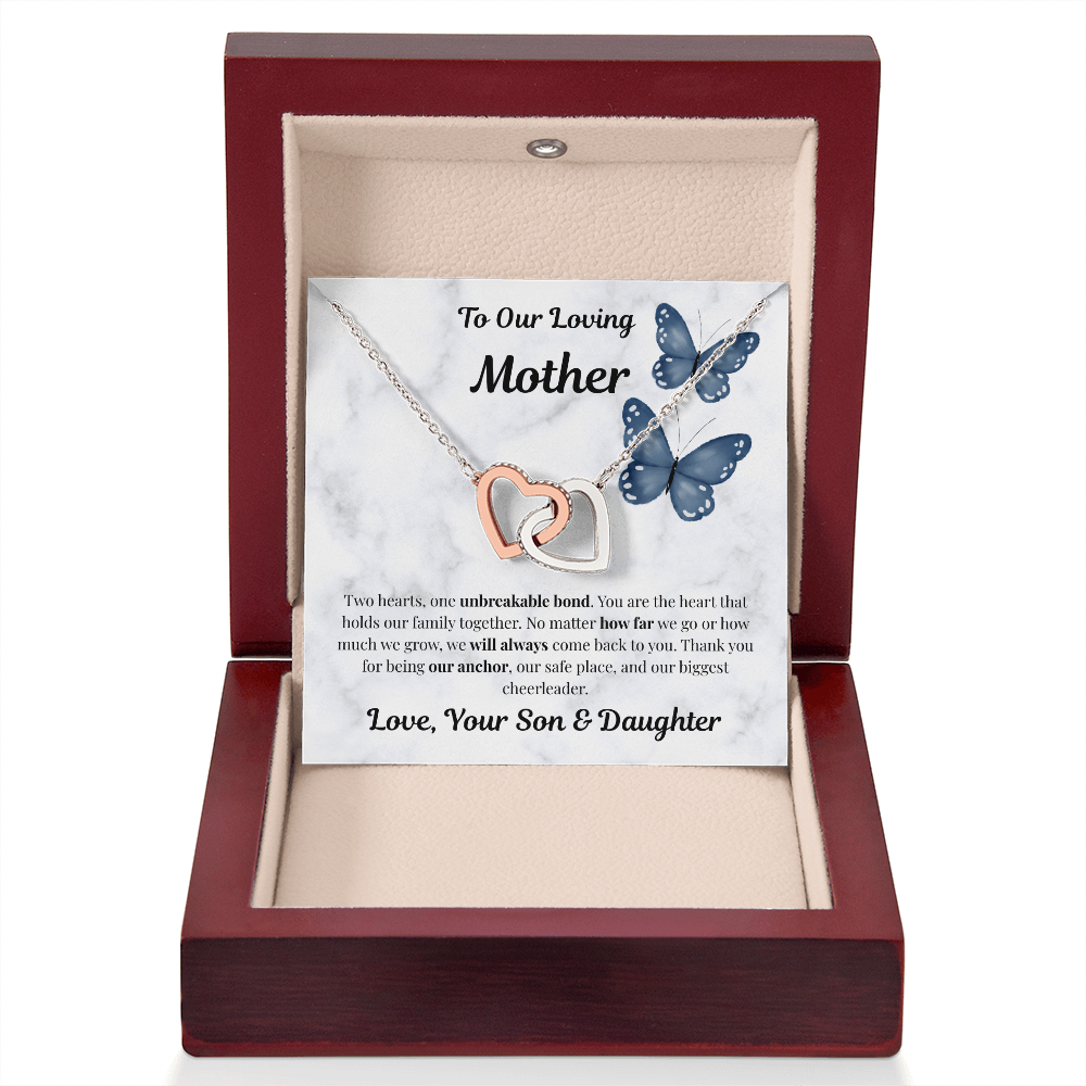 14k white gold-finish Interlocking Hearts Necklace in illuminated mahogany gift box