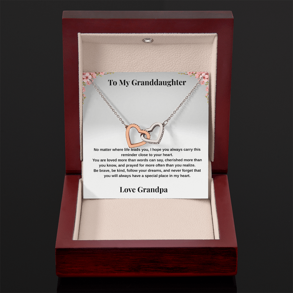 14k white gold-finish Interlocking Hearts Necklace in open mahogany-style luxury box with To My Granddaughter message card from Grandpa
