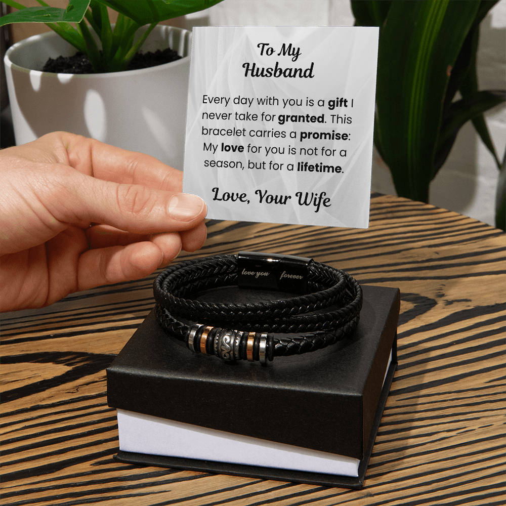 To My Husband Braided Leather Bracelet with Message