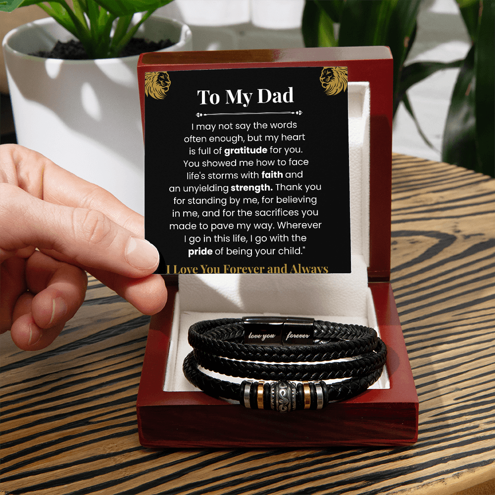 Love You Forever bracelet for Dad in luxury gift box on wooden table