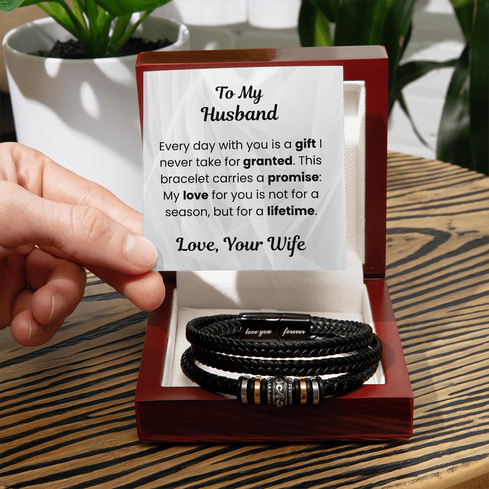 To My Husband Braided Leather Bracelet with Message