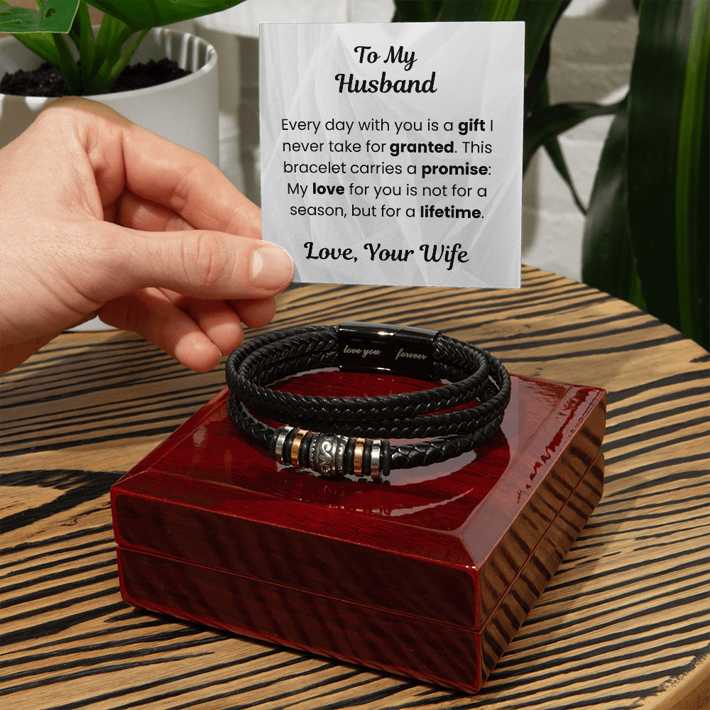 To My Husband Braided Leather Bracelet with Message