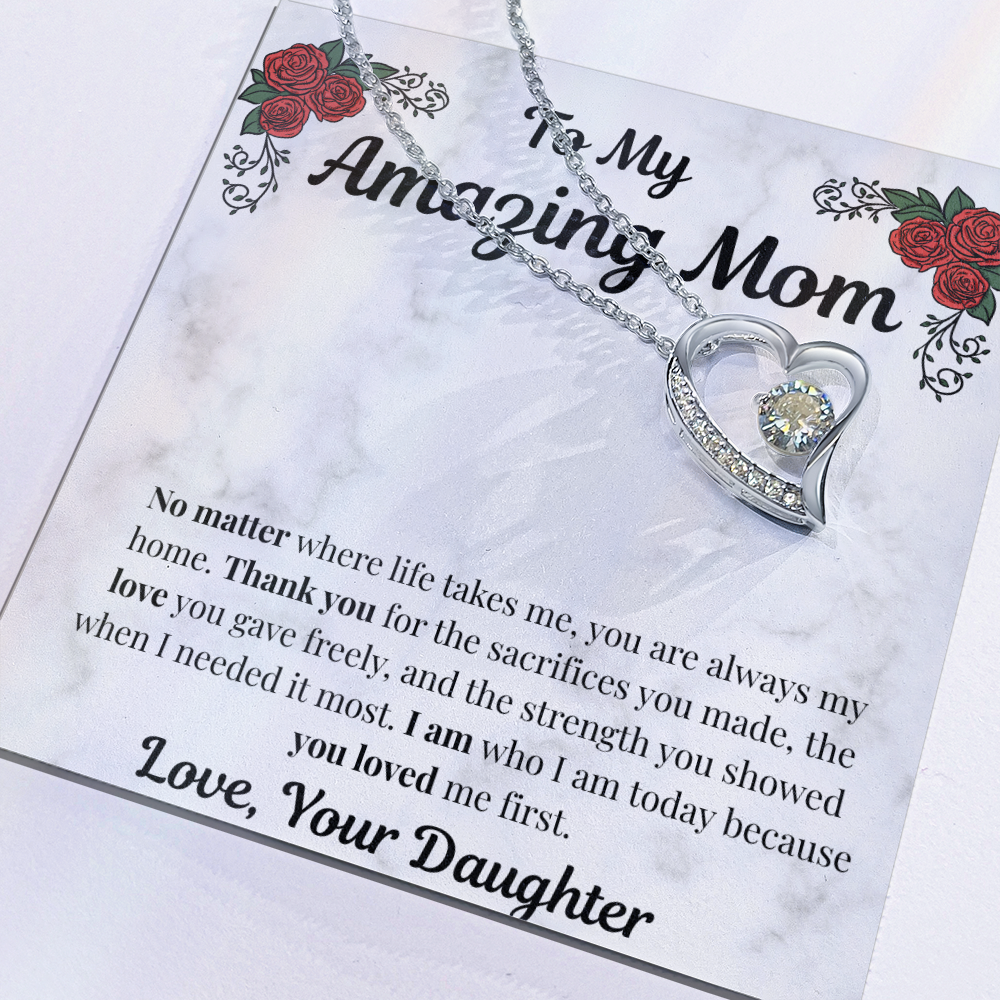 Close-up of 14k white gold-finish Forever Love heart pendant on Mom message card