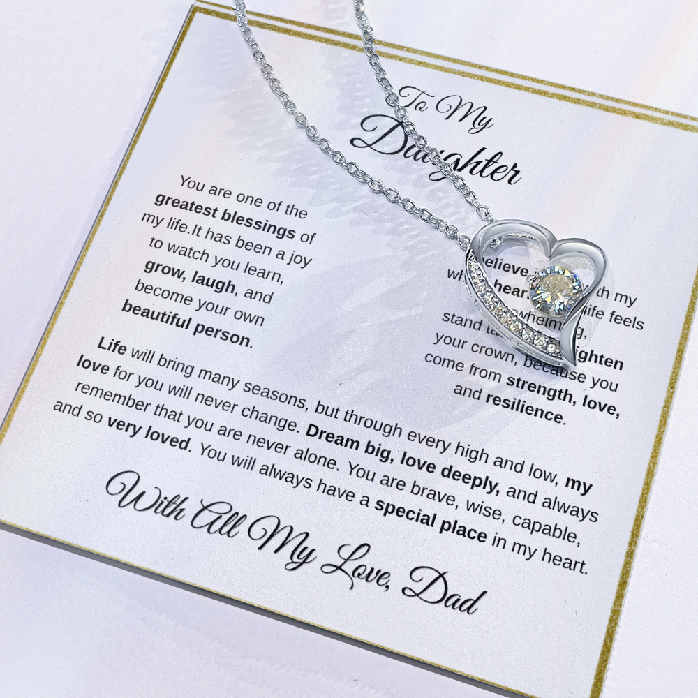 14k white gold-finish Forever Love Necklace displayed on To My Daughter message card from Dad