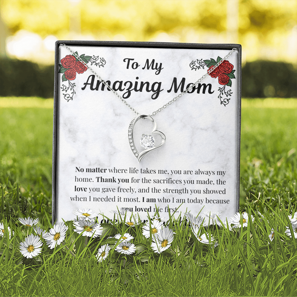 14k white gold-finish Forever Love Necklace in standard gift box outdoors
