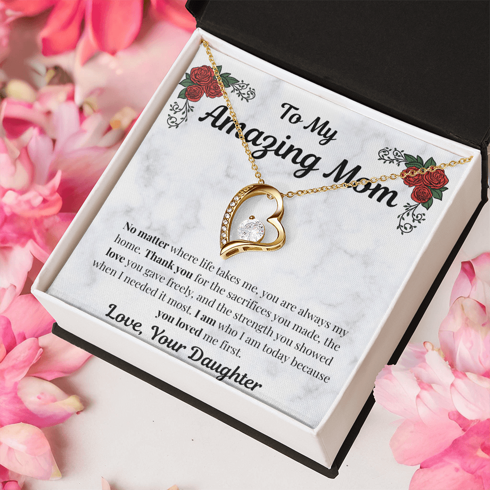 18k yellow gold-finish Forever Love Necklace in standard gift box with pink flowers