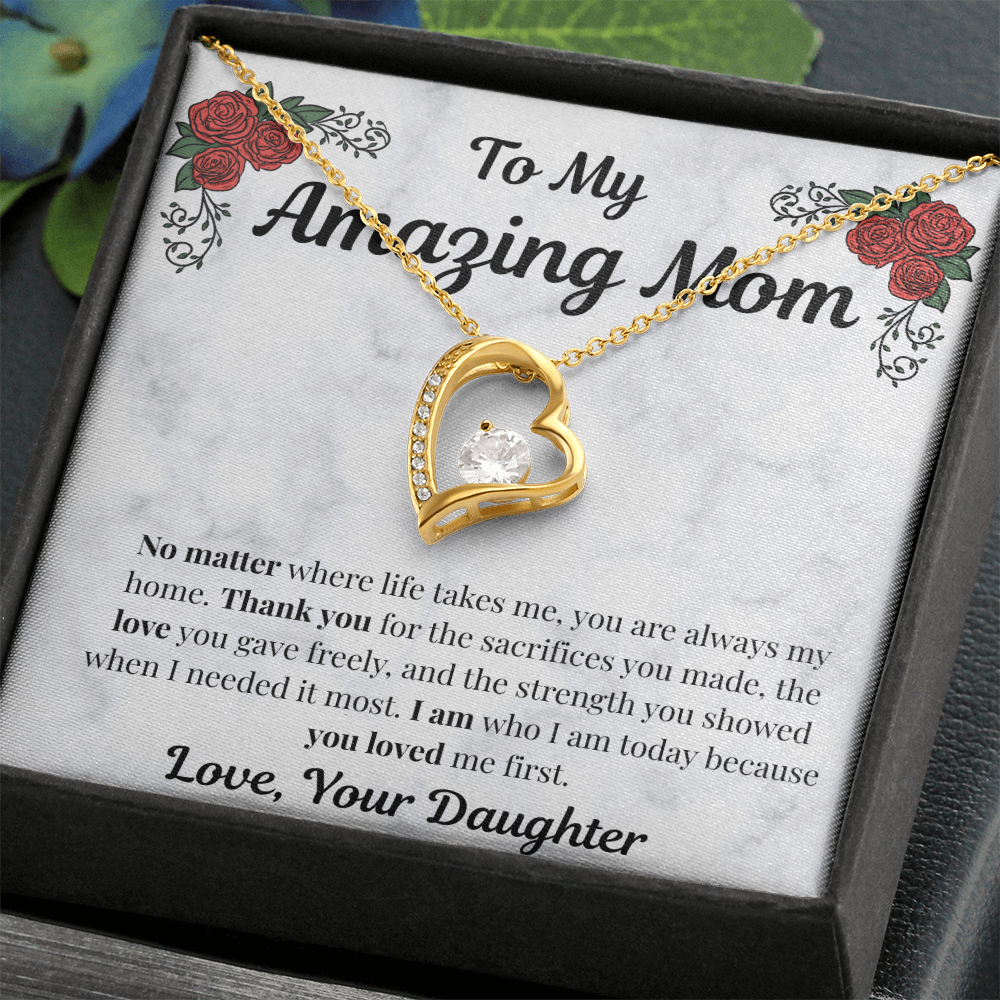 Close-up of 18k yellow gold-finish Forever Love heart pendant on Mom message card