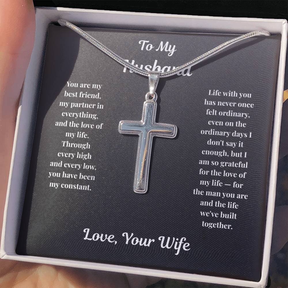 Close-up of stainless steel Cross Necklace in standard gift box