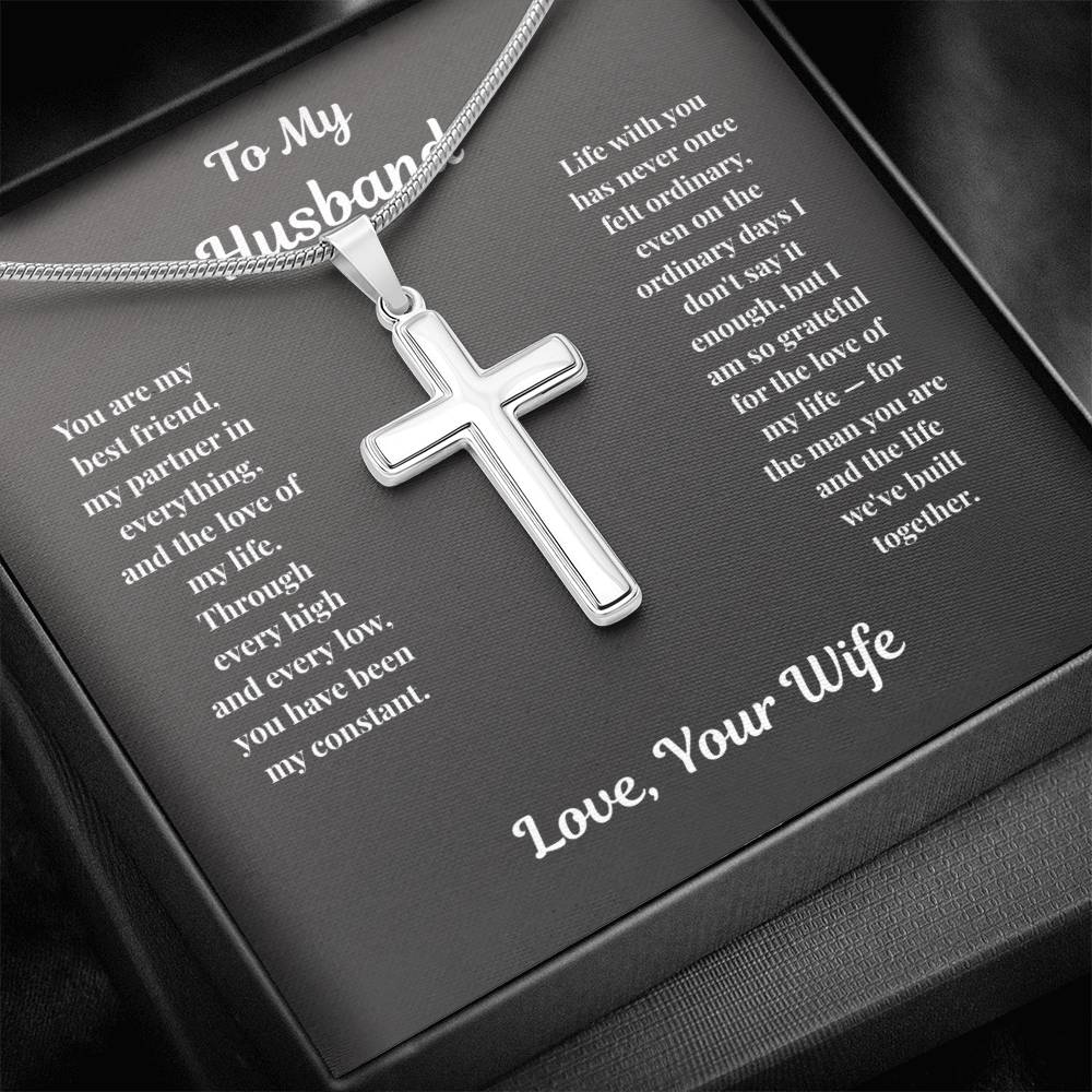 Close-up of stainless steel Cross Necklace with To My Husband message card