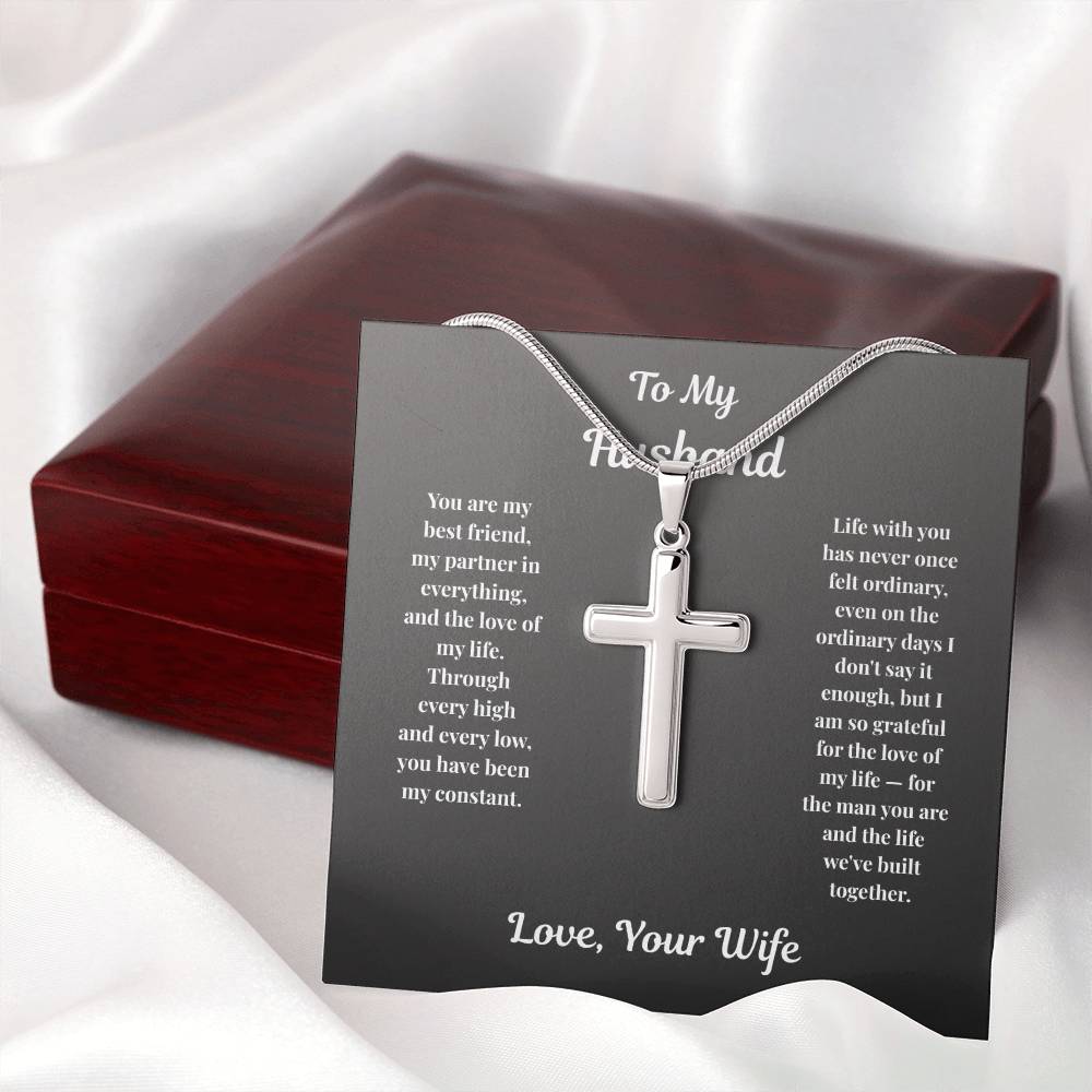 Stainless steel Cross Necklace with husband message card beside mahogany gift box