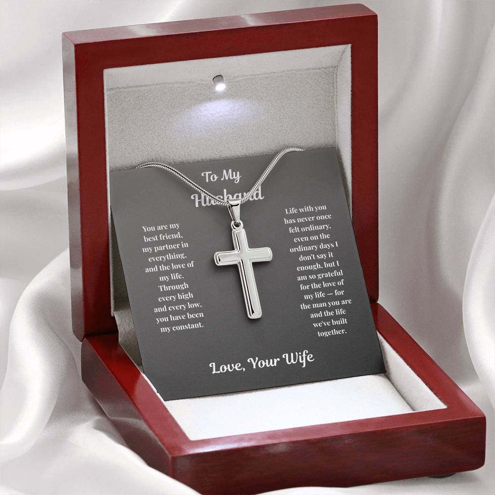 Stainless steel Cross Necklace displayed in illuminated mahogany gift box