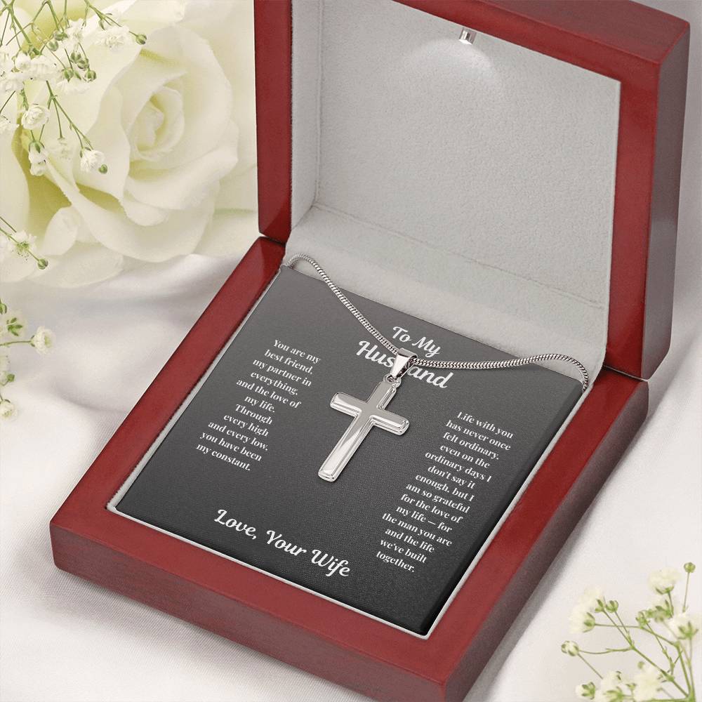 Stainless steel Cross Necklace and husband message card in mahogany gift box