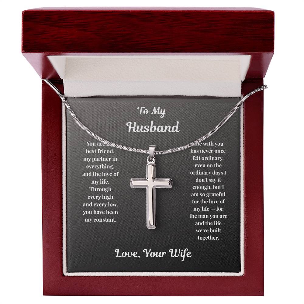 Stainless steel Cross Necklace for husband in mahogany LED gift box