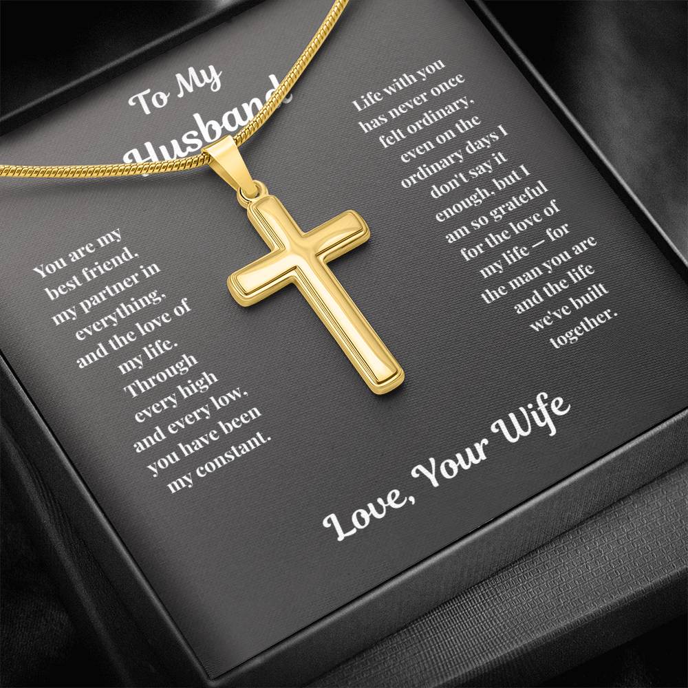 Close-up of gold-finish Cross Necklace with To My Husband message card