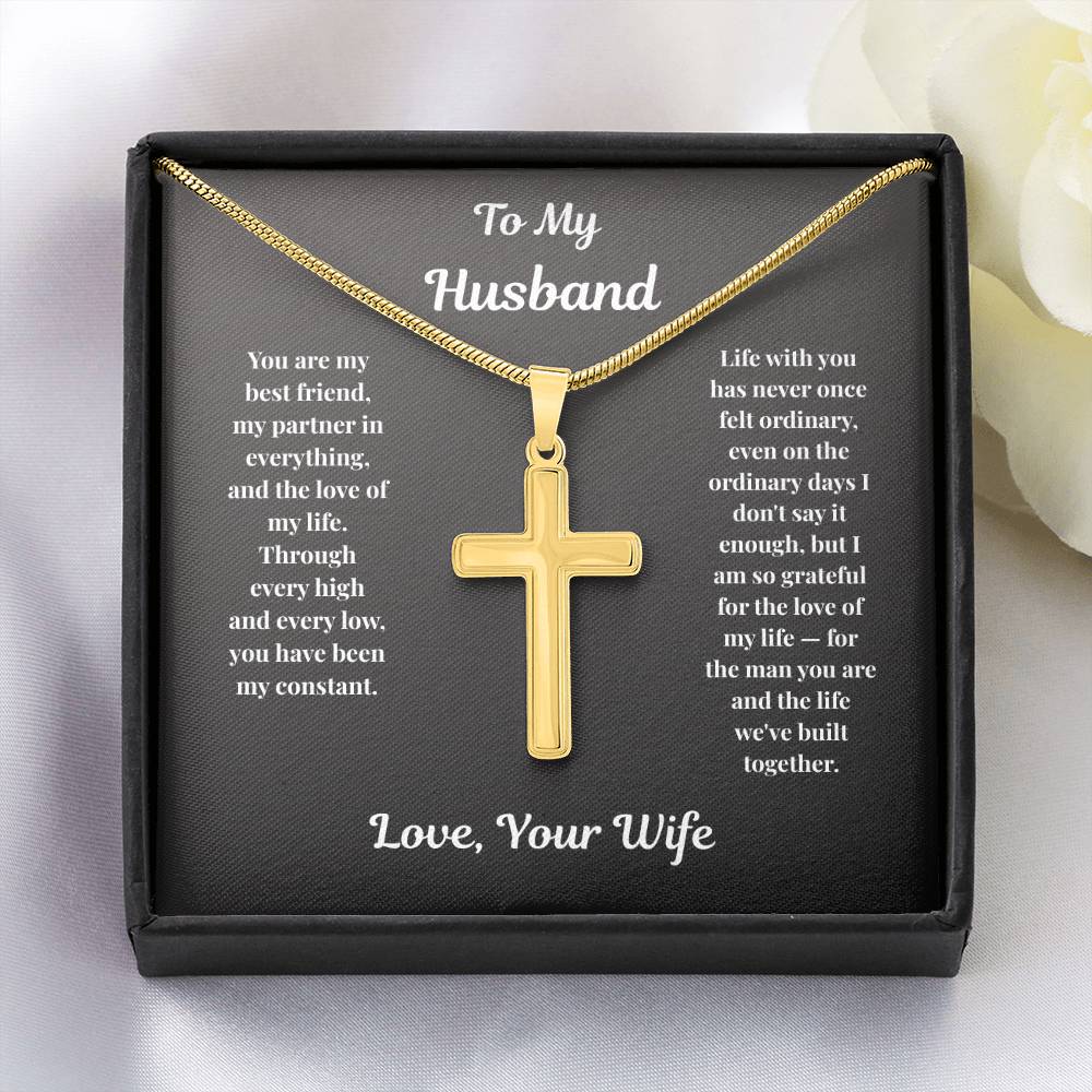 Gold-finish Cross Necklace and message card in standard gift box