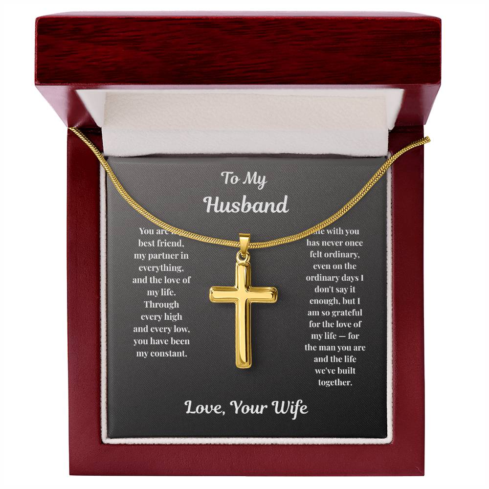 Gold-finish Cross Necklace for husband in mahogany LED gift box
