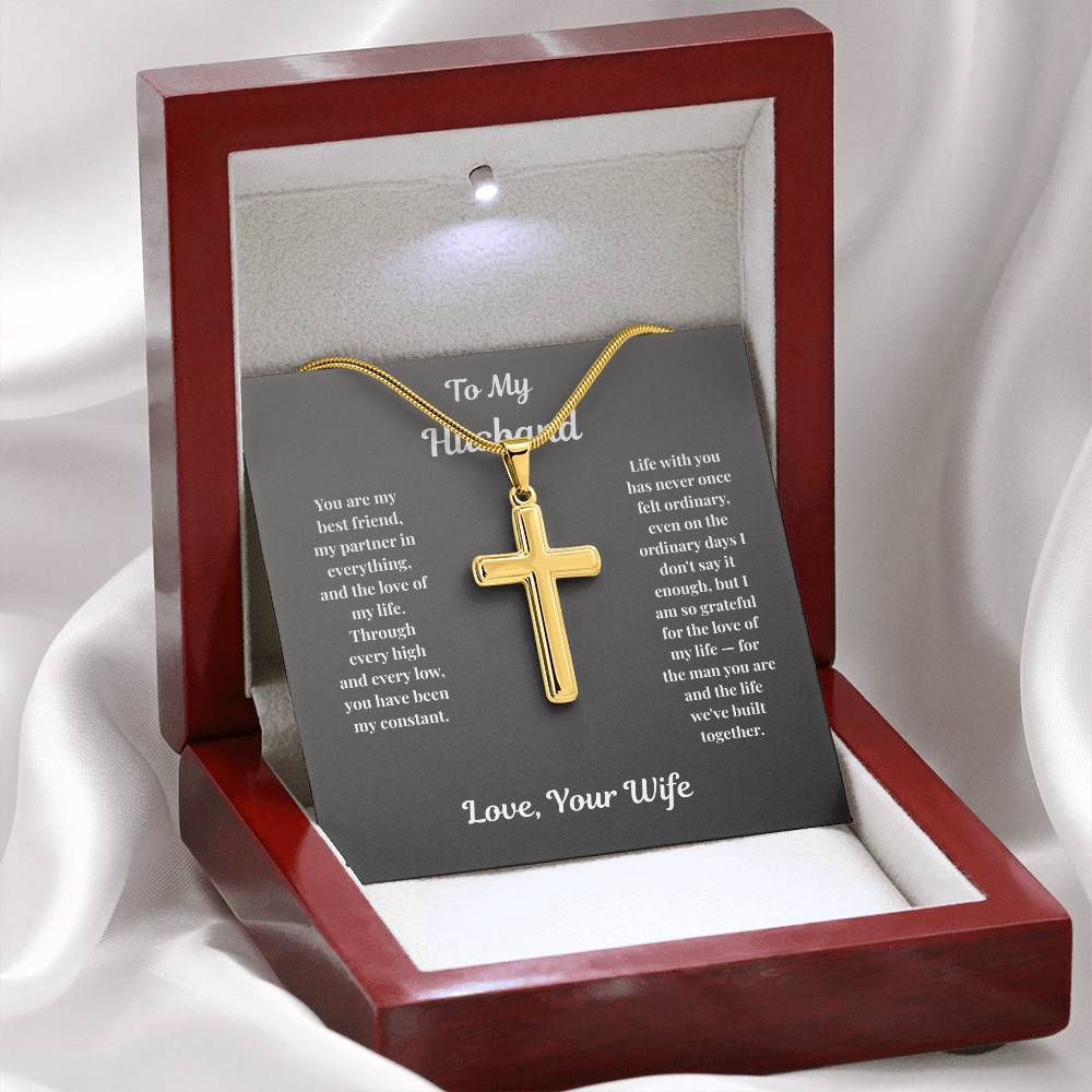 Gold-finish Cross Necklace displayed in illuminated mahogany gift box